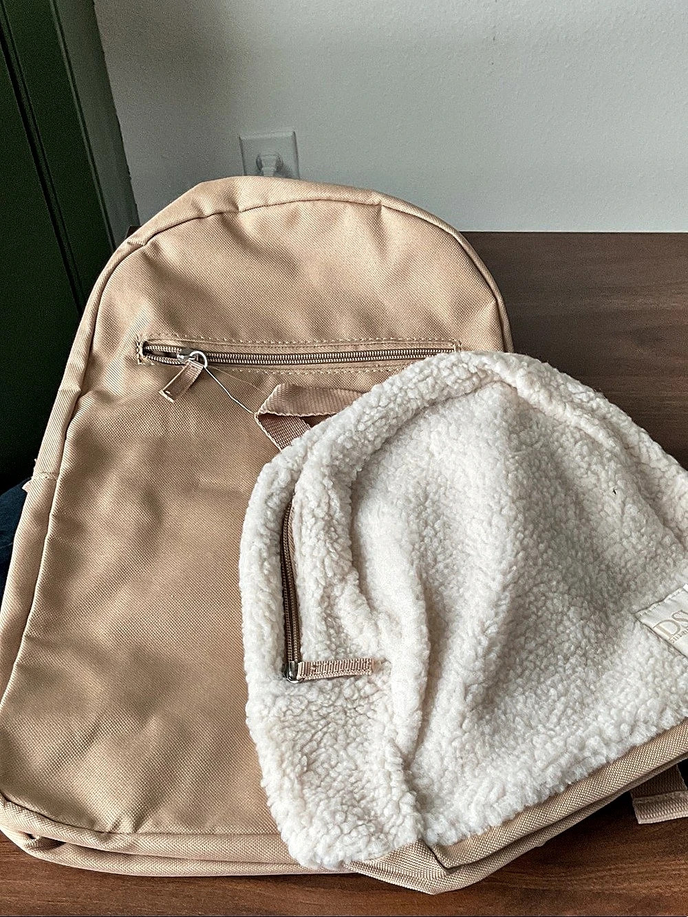 DSW Sherpa and Canvas Backpack Duo Beige & White